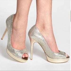 Jimmy Choo Glitter Fabric Champagne Peep Toe Sling Back Heel Size 37 Authentic